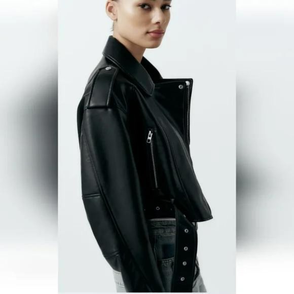 ZARA FAUX LEATHER CROP BIKER JACKET - Picture 5 of 10